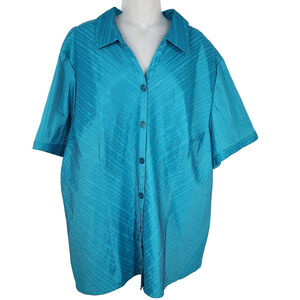 Maggie Barnes Shirt Womens 3X Blue Textured Pleated Striped Short Sleeve Button